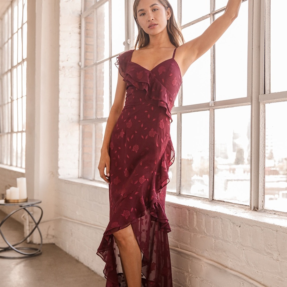 NWT Lulu's Forever Be Burgundy Floral Jacquard Ruffled Maxi Dress